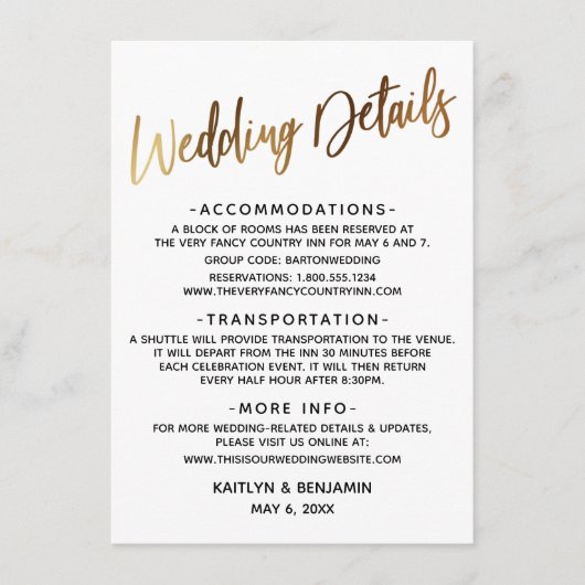 Minimale details Faux Gold Typography Wedding Informatiekaartje (Voorkant)
