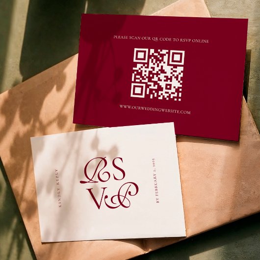 Minimale Diepe Bourgondiërode Script QR-code Trouw RSVP Kaartje