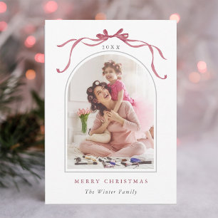 Minimale dieproze roze strik Kerstmis foto Feestdagenkaart