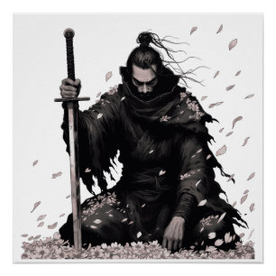 Minimale Donkere Samurai Krijger met Sakura Bloemb Perfect Poster