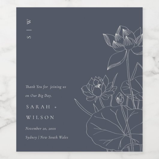 Minimale donkere zeemacht Waterlily Floral Sketch Wijn Etiket (Enkel label)