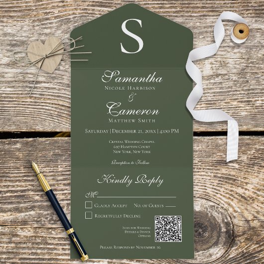 Minimale donkergroene QR-code voor modern Monogram All In One Uitnodiging