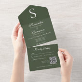 Minimale donkergroene QR-code voor modern Monogram All In One Uitnodiging (Afscheurbaar)