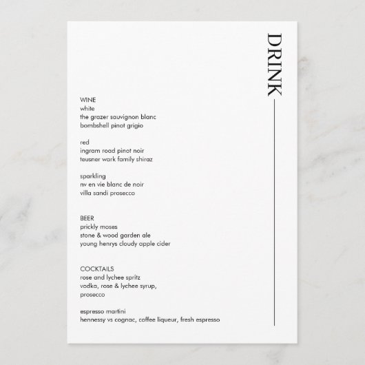 Minimale Drinken voor zwart-witbruiloft 5 x 7 Menu (Voorkant)