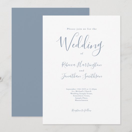Minimale Dusty Blue Script Wedding Kaart (Voorkant / Achterkant)