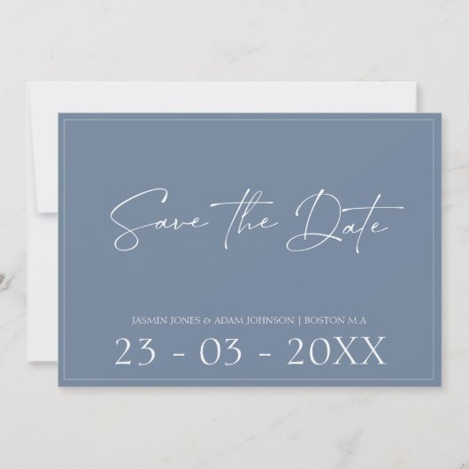 Minimale Dusty Blue Script Wedding Save the Date (Voorkant)