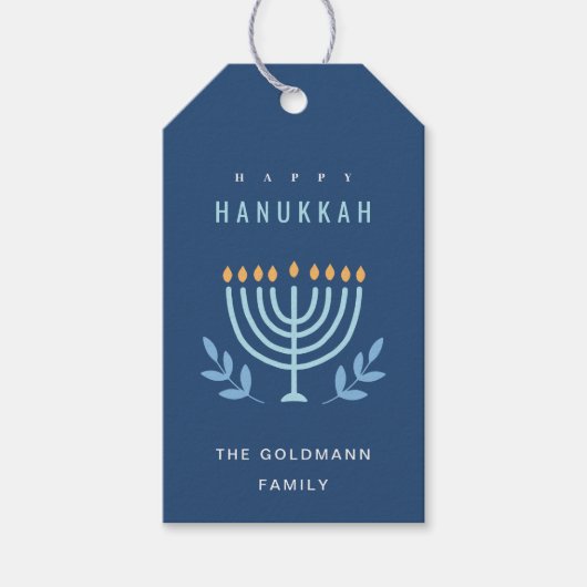 Minimale Eenvoudige Blauwe Menorah Kaarsen Happy C Cadeaulabel (Voorkant)