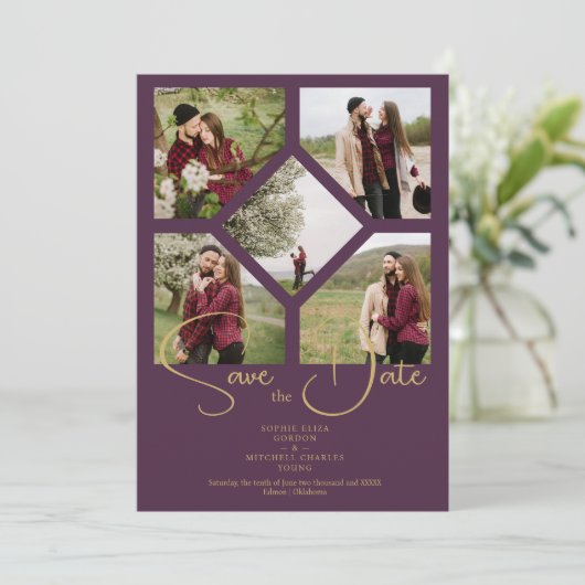 Minimale eenvoudige bruiloft Fancy 5 foto's collag Save The Date (Staand voorkant)