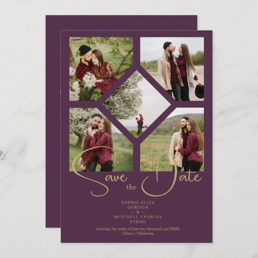 Minimale eenvoudige bruiloft Fancy 5 foto's collag Save The Date (Voorkant / Achterkant)