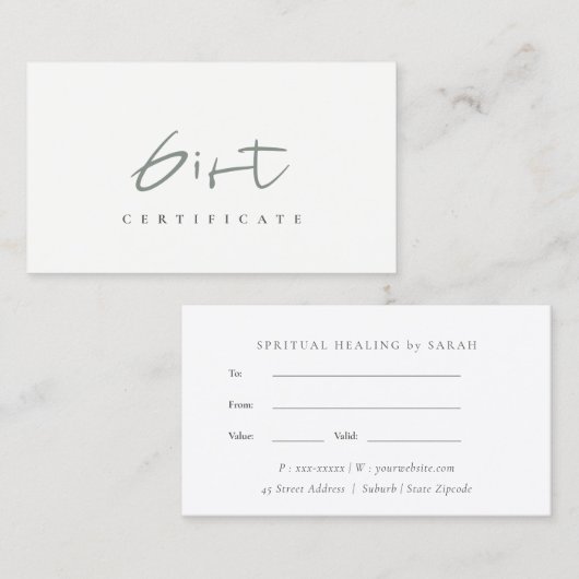 Minimale eenvoudige Dusky Green Script Cadeaubon Visitekaartje (Voorkant / Achterkant)