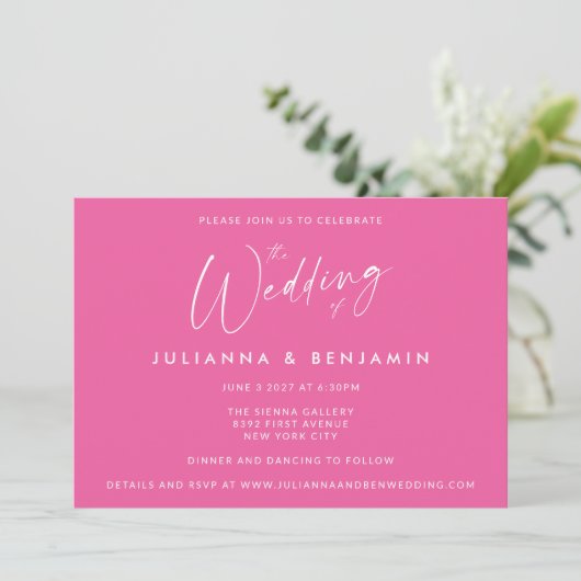 Minimale Eenvoudige Heet Roze Modern Script Bruilo Kaart (Staand voorkant)