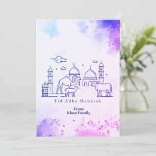 Minimale Eid al Adha-moskee en dierenlijn Kunst Feestdagenkaart