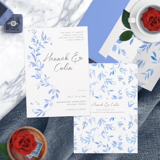 Minimale elegant blauw geschilderd porselein all in one uitnodiging