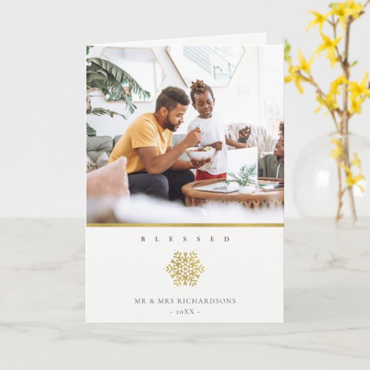 Minimale Elegant Gold Snowflake Foto geblesseerd Kaart (Gele Bloem)