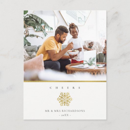 Minimale Elegant Gold Snowflake Fotokaken Feestdagenkaart (Voorkant)