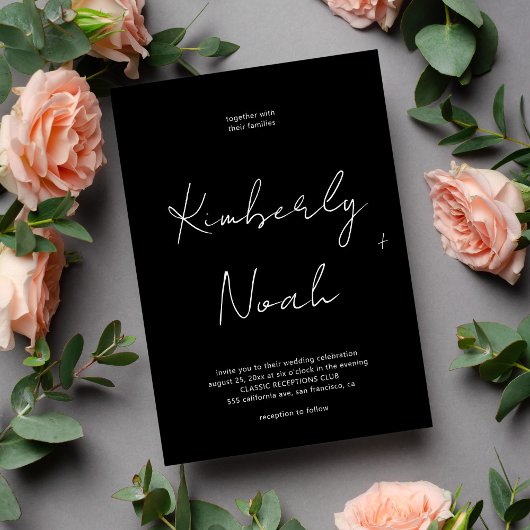 Minimale elegant script zwart-witbruiloft kaart