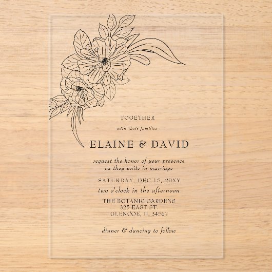 Minimale Elegante Bloemen Schets Bruiloft Acryl Uitnodigingen (Voorkant)