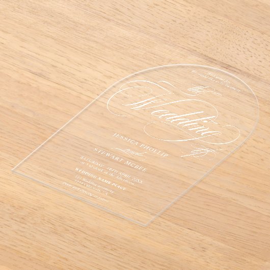 Minimale Elegante Chique Script witte bruiloft op Acryl Uitnodigingen (Laagn)
