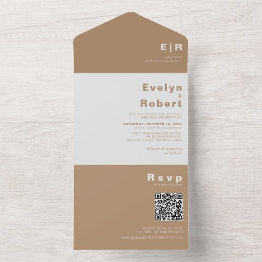 Minimale elegante formele bruine bruiloft all in one uitnodiging (Binnen)