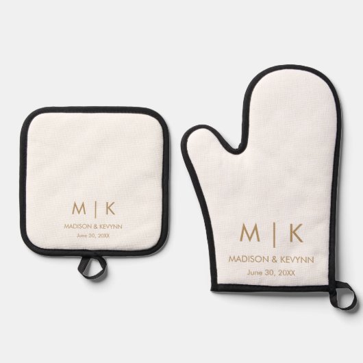 Minimale & Elegante Gouden Monogram Bruiloft Ovenwant & Pannenlap Set (Voorkant)