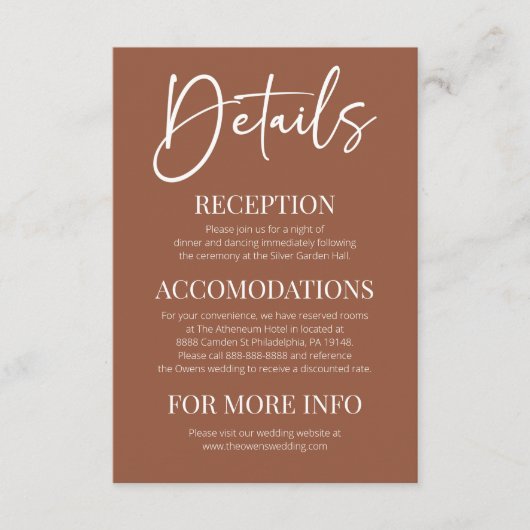 Minimale Elegante Moderne Bruine Boho Bruiloft Det Informatiekaartje (Voorkant)