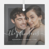 Minimale elegante naam script Paar Foto Kerstmis Glas Ornament (Voorkant)