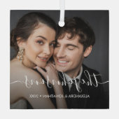 Minimale elegante naam script Paar Foto Kerstmis Glas Ornament (Achterkant)