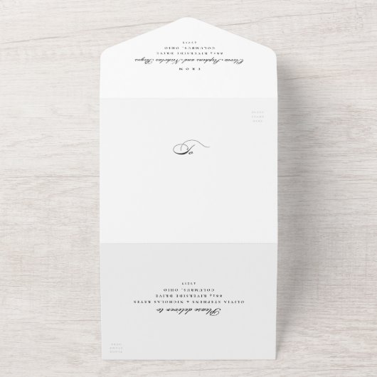 Minimale elegante zwart-wit bruiloft all in one uitnodiging (Buitenkant)