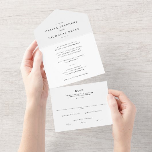 Minimale elegante zwart-wit bruiloft all in one uitnodiging (Afscheurbaar)