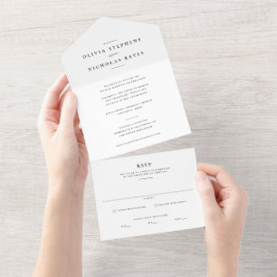 Minimale elegante zwart-wit bruiloft all in one uitnodiging