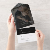 Minimale elegante zwarte fotobruiloft all in one uitnodiging (Afscheurbaar)