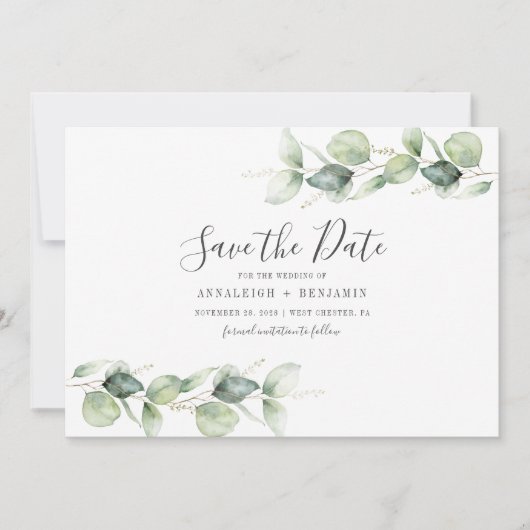 Minimale elyptusbladeren botanische bruiloft save the date (Voorkant)