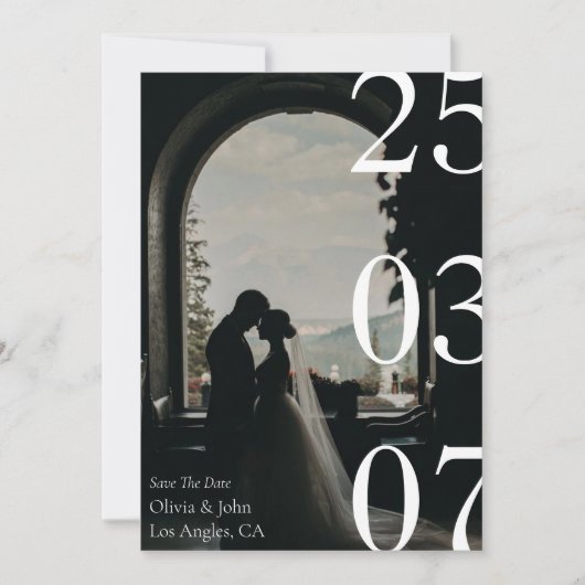 Minimale en chic zwart-wit save the date kaart (Voorkant)
