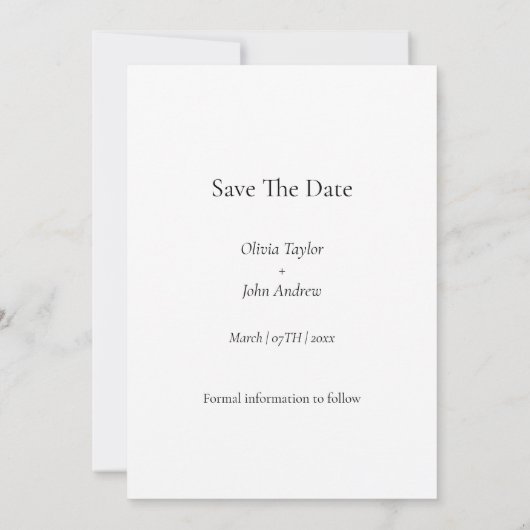 Minimale en chic zwarte en witte save the date kaart (Achterkant)