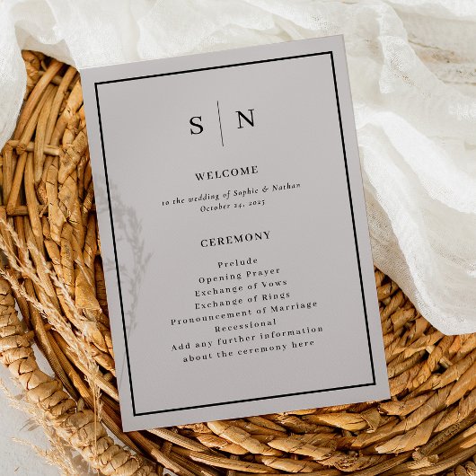 Minimale en chique grijs met zwarte rand bruiloft programma