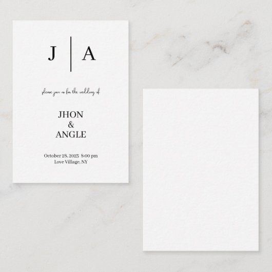 Minimale en chique zwart wit bruiloft uitnodiging informatiekaartje (Voorkant / Achterkant)