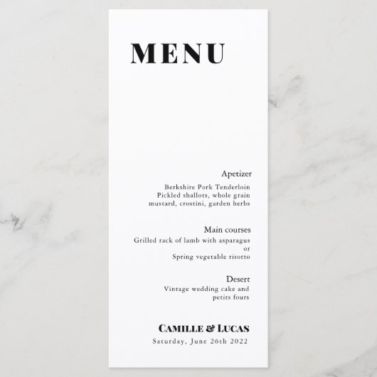 Minimale en elegante zwart-wit bruiloft Menu (Voorkant)