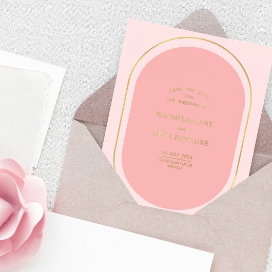 Minimale en moderne roze en gouden opslagdatum folie uitnodiging