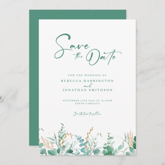 Minimale Eucalyptus Gold bruiloft Bewaar de datum Save The Date (Voorkant / Achterkant)