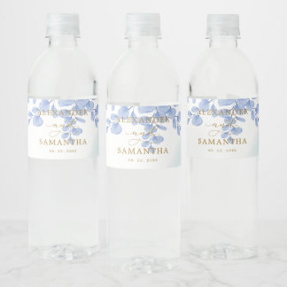Minimale eucalyptusbladeren Gold Dusty Blue Weddin Waterfles Etiket