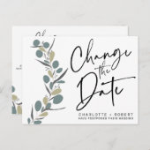 Minimale eucalyptusbruiloft verandert de datum aankondigingskaart (Voorkant / Achterkant)
