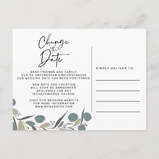 Minimale eucalyptusbruiloft verandert de datum aankondigingskaart (Achterkant)