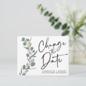 Minimale eucalyptusbruiloft verandert de datum aankondigingskaart (Staand voorkant)