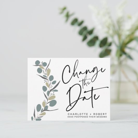 Minimale eucalyptusbruiloft verandert de datum aankondigingskaart (Staand voorkant)