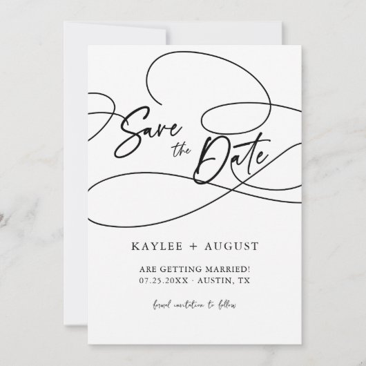 Minimale fancy script "Save The Date" trouwfoto Save The Date (Voorkant)