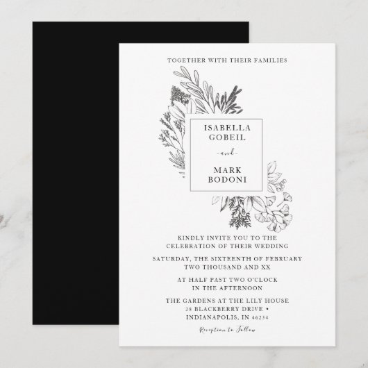 Minimale Floral Black & White Wedding Kaart (Voorkant / Achterkant)