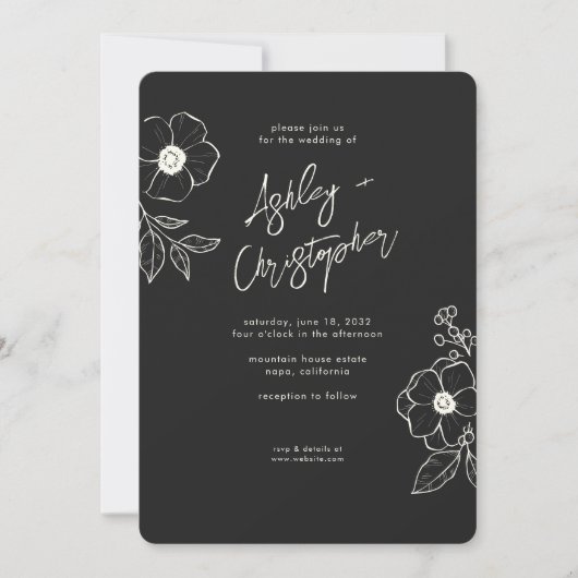 Minimale Floral Botanical Black All-in-One Bruilof Kaart (Voorkant)