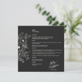 Minimale Floral Botanical Black Noir bruiloft Menu (Staand voorkant)