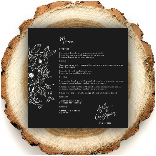Minimale Floral Botanical Black Noir bruiloft Menu