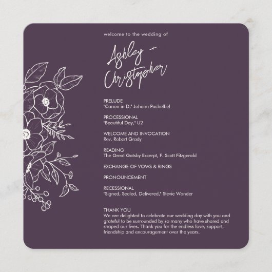 Minimale Floral Botanische Aubergine Paarse bruilo Programma (Voorkant)